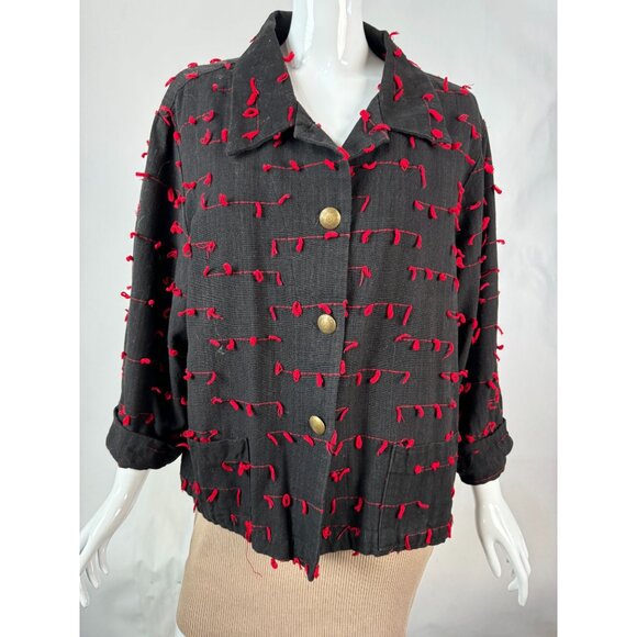 Vintage Black & Red Cactus Flower Jacket With Textured Knot Detailing & Brass Bu - Picture 13 of 16
